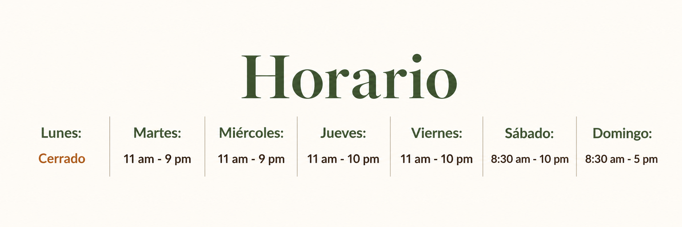 Horario de atención con días y horas indicados en colores y un fondo claro.