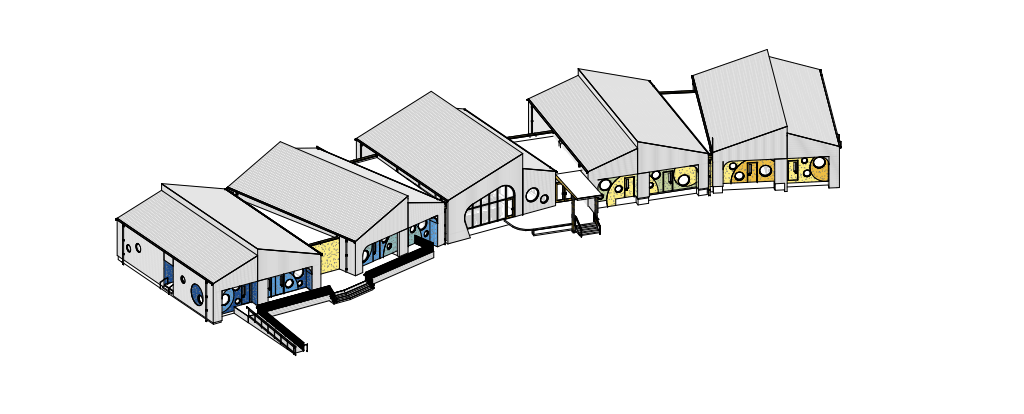 A colorful blueprint of a building complex with multiple connected structures, each featuring different colors and architectural styles.