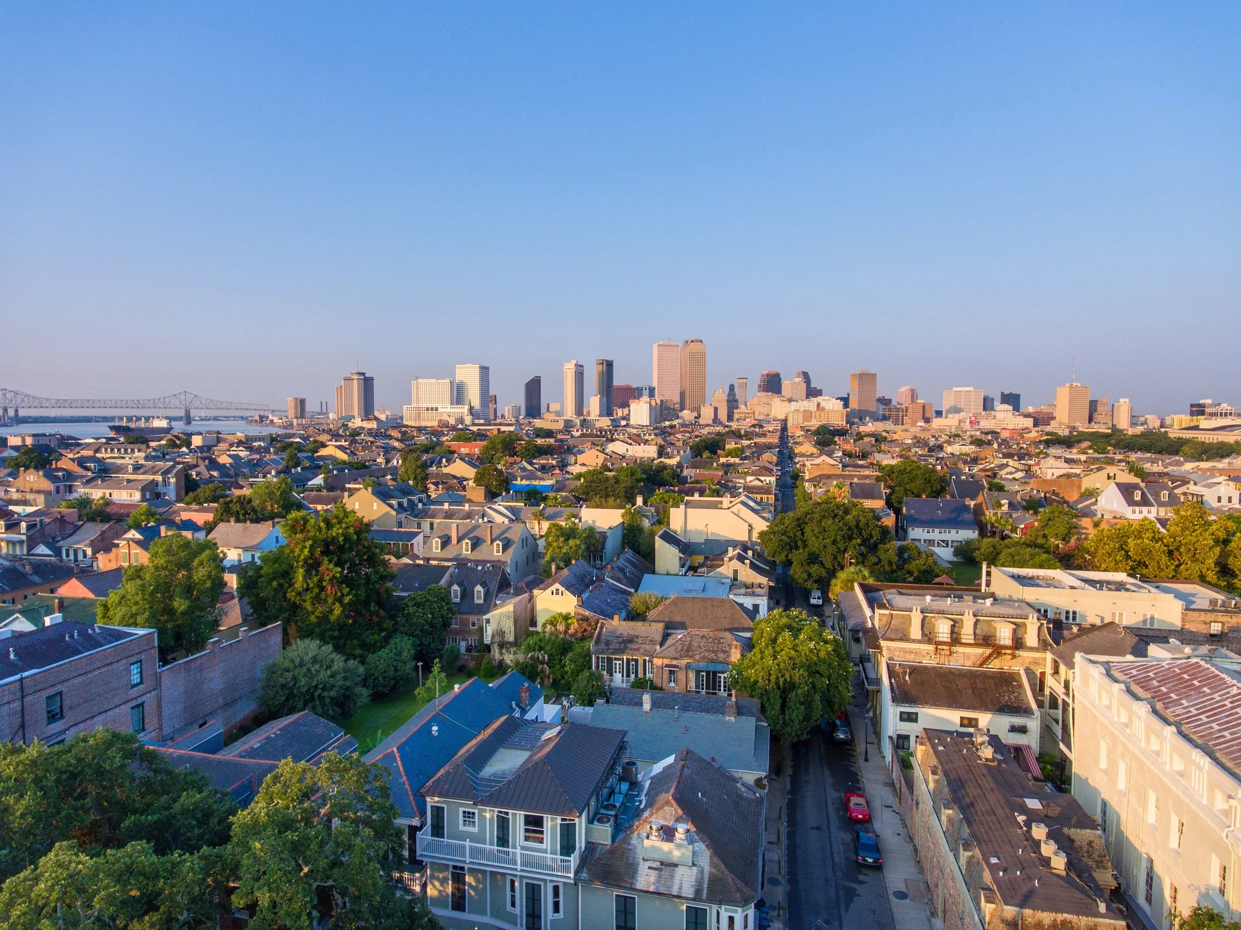A city skyline with tall buildings in the background, a bridge to the left, and a neighborhood with houses and trees in the foreground under a clear blue sky.