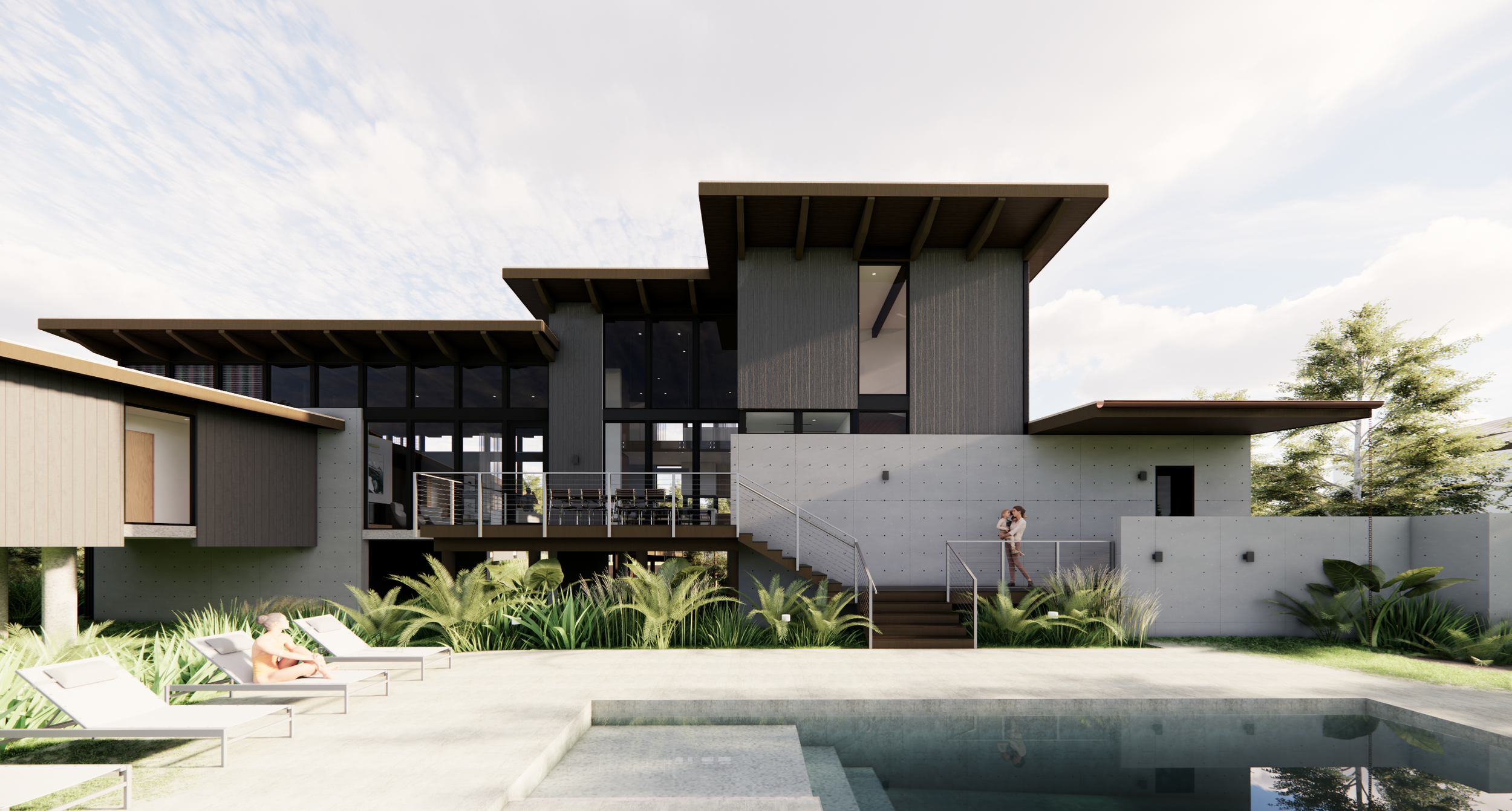 Modern multi-story house with large windows, flat roof, and outdoor patio with stairs. Two people standing on the patio, and one person lounging by a pool in the garden. Green plants and trees surround the building under a partly cloudy sky.