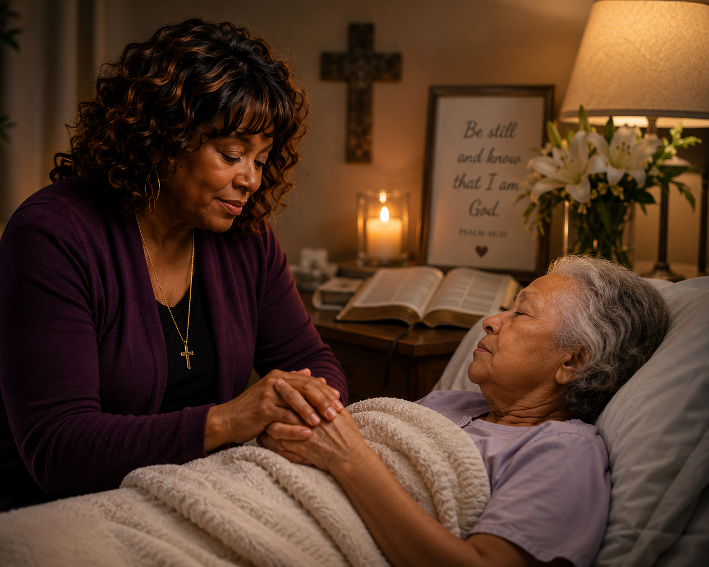 A woman with curly hair holding hands with an elderly woman lying in bed in a cozy room with religious decor.