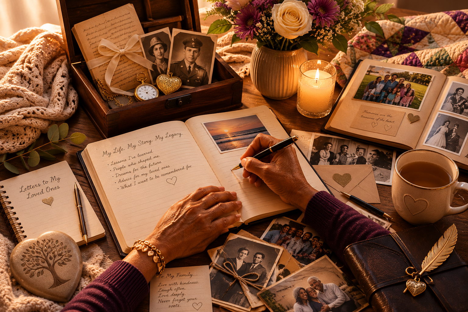A person writing in a scrapbook surrounded by family photos, letters, a cup of tea, a lit candle, and flowers on a wooden table, creating a nostalgic and heartfelt scene.