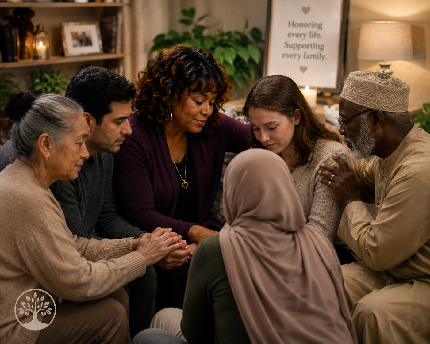 A diverse group of people gathered close together with heads bowed, praying in a cozy room, with a framed sign in the background that says, 'Honoring every life. Supporting every family.'