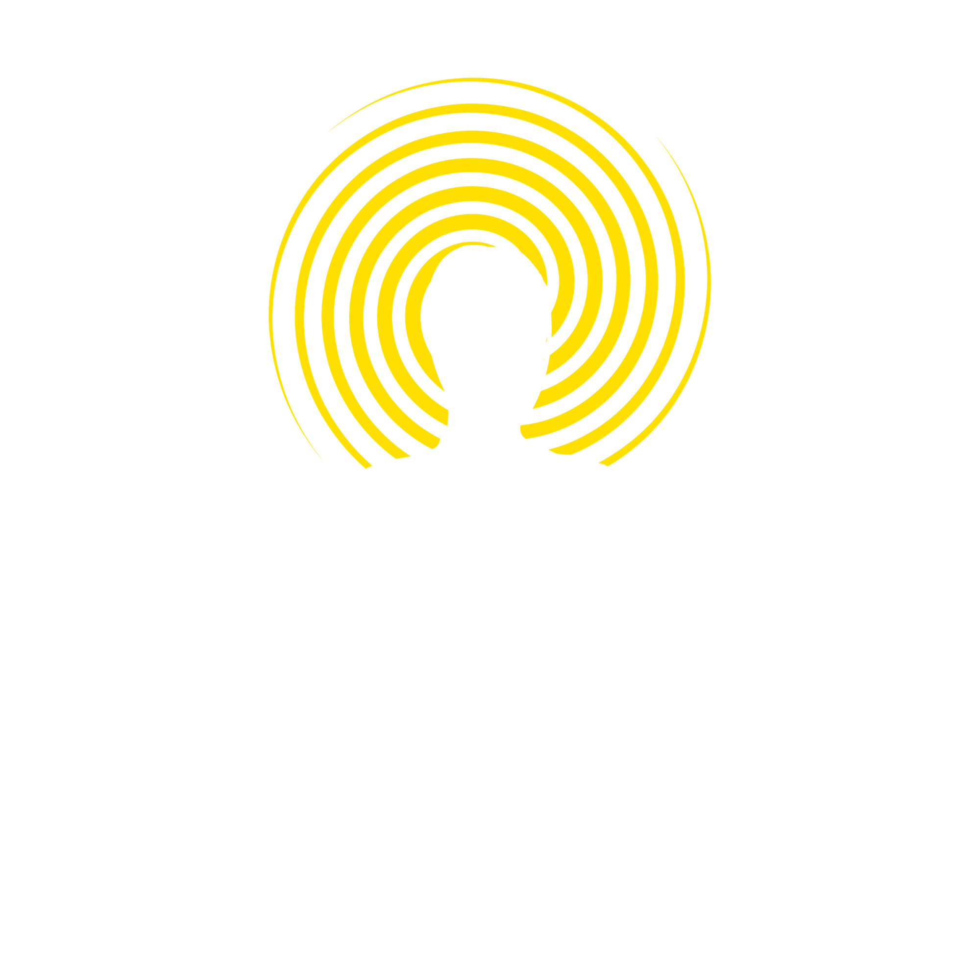 Outline of a person sitting cross-legged with yellow concentric circles radiating from their head, depicting meditation or enlightenment.