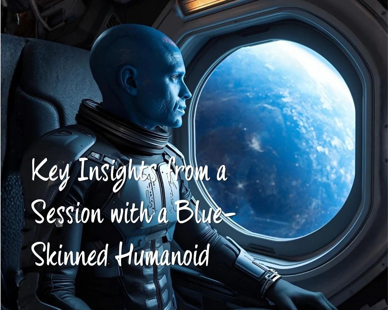 An ET with a blue-skinned humanoid face looking out of a spaceship window at the Earth from space.