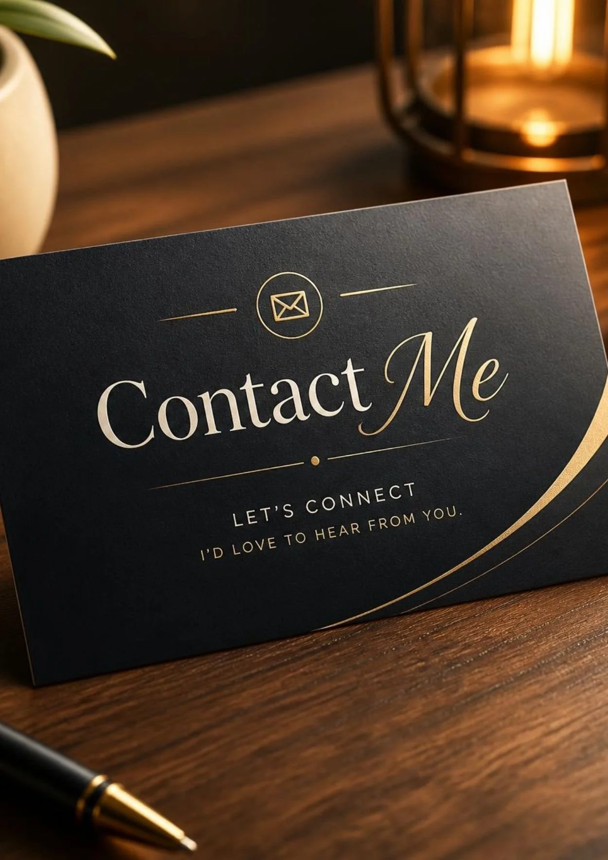 A black contact me card with gold lettering and a small envelope icon, placed on a wooden surface near a pen, with a plant and a lantern in the background.