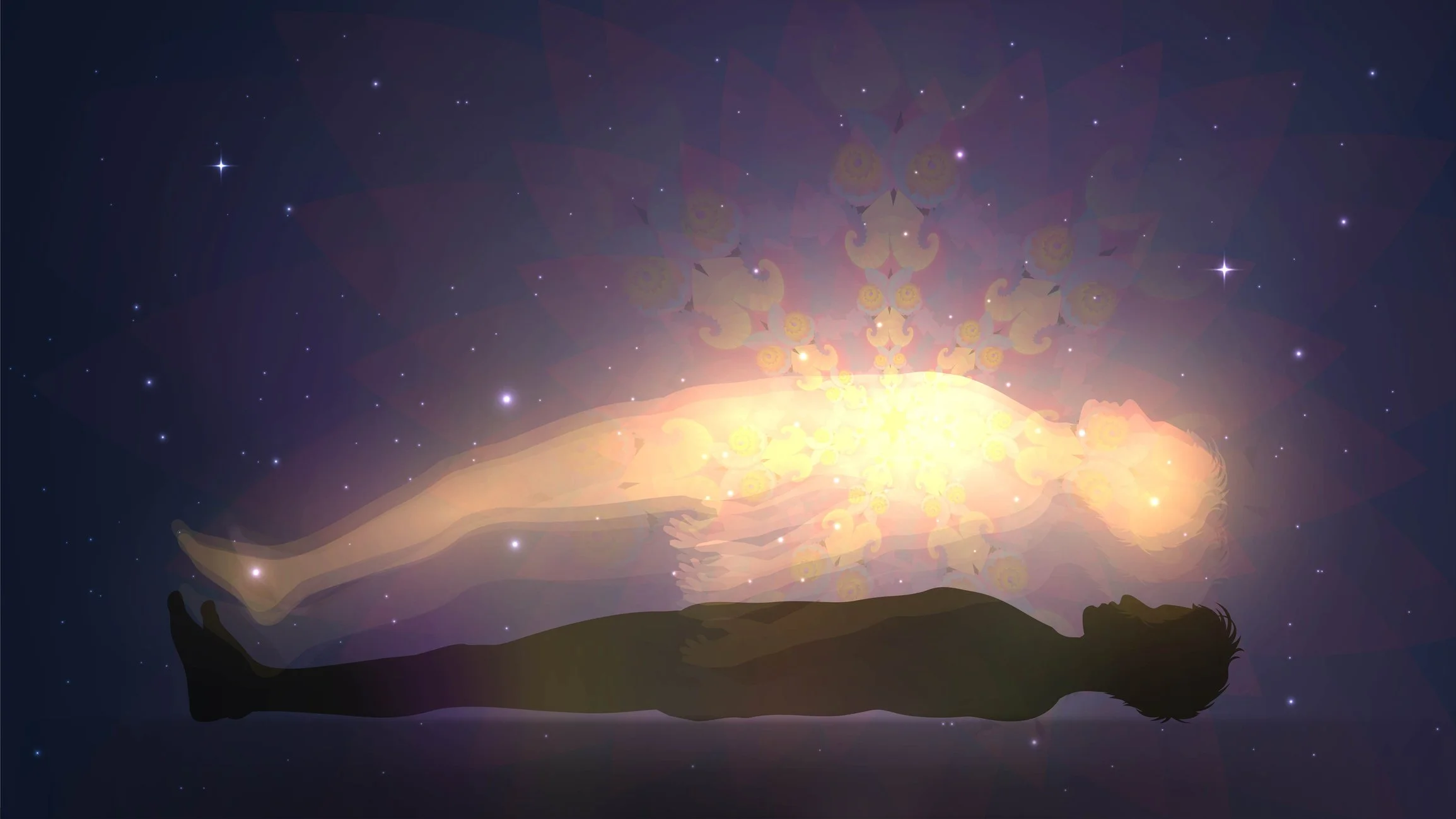 Silhouette of a person lying down with arms outstretched under a starry night sky, surrounded by glowing, ethereal light and cosmic patterns.