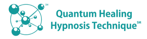 Graphic with connected circles and lines representing atoms or molecules, alongside the text 'Quantum Healing Hypnosis Technique'.