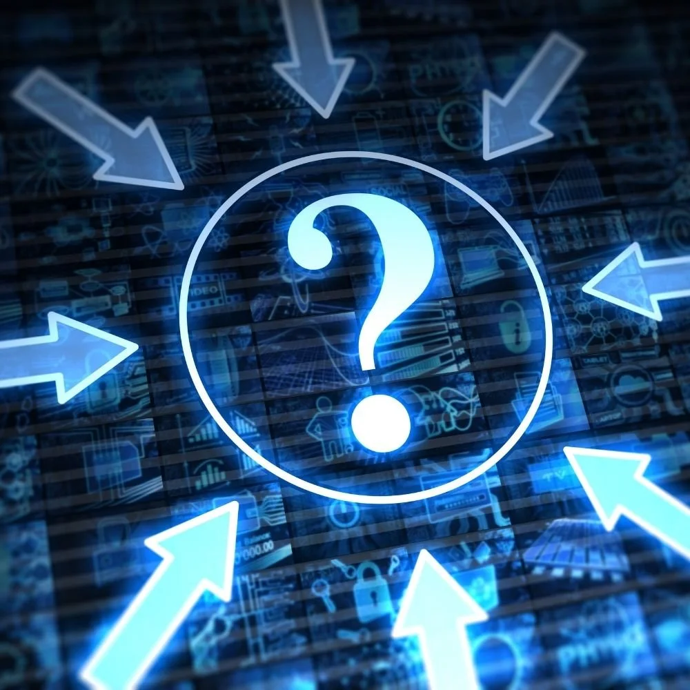 Digital graphic with a white question mark inside a circle, surrounded by eight blue arrows pointing toward it, representing a question or decision-making in a technological context.