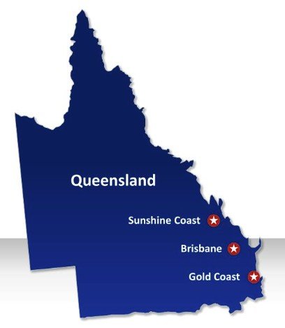 Map of Queensland, Australia highlighting Sunshine Coast, Brisbane, and Gold Coast regions with stars.