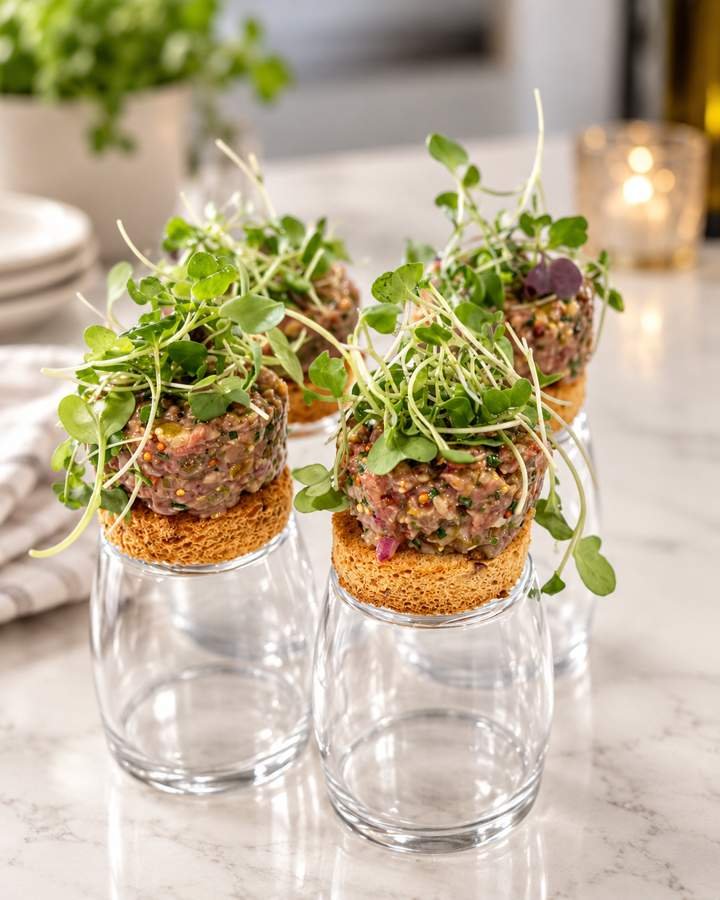 Canapés topped with a finely chopped mixture and microgreens.