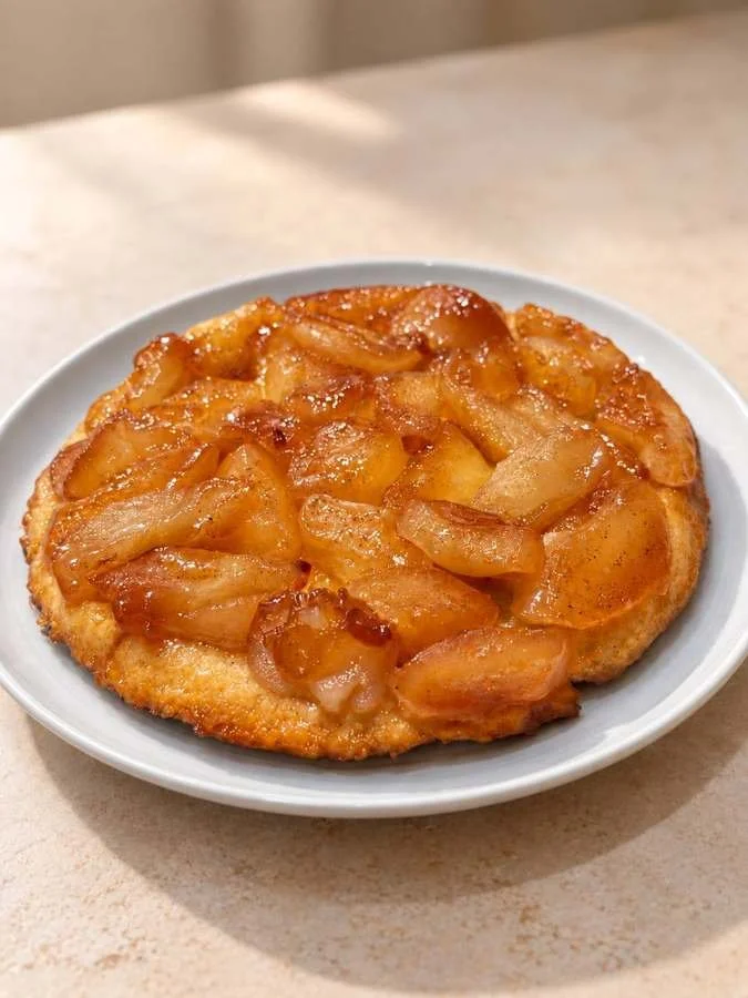 Caramelized apple tart on a white plate.
