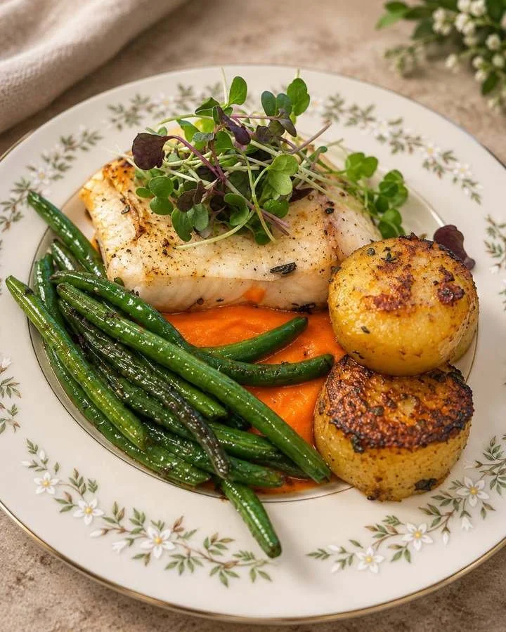 Fish with golden potatoes, green beans, carrot purée, and microgreens.