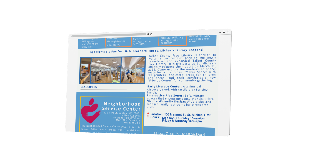 A digital screen displaying an announcement about the reopening of the St. Michaels Library, featuring interior photos, resources, and contact information for the Neighborhood Service Center in Talbot County, Maryland.