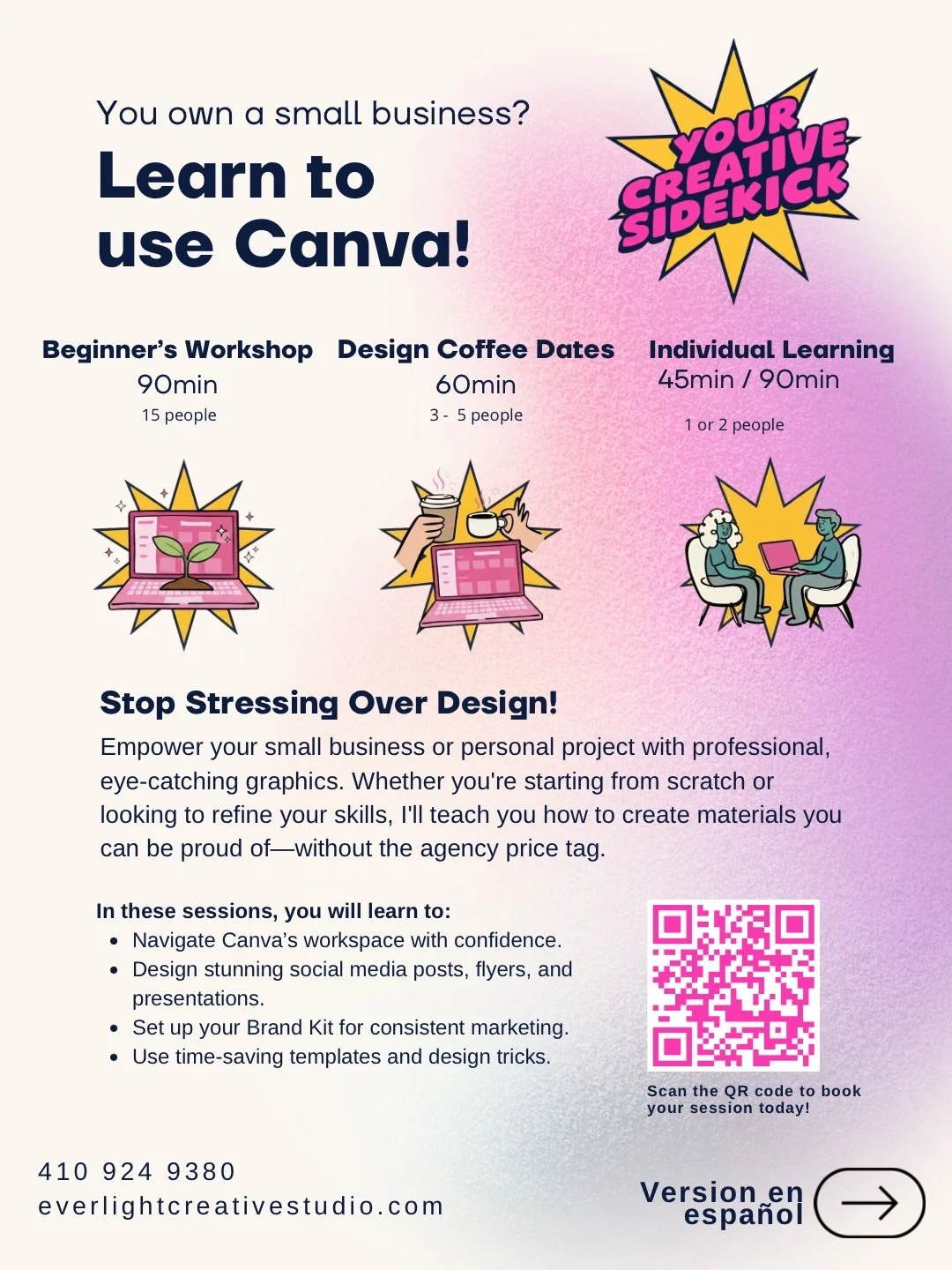 Stop stressing over design and take control of your brand&rsquo;s look! ✨
Whether you&rsquo;re just starting out or want to polish your skills, learn how to create eye-catching social media posts, flyers, and marketing materials with confidence&mdash