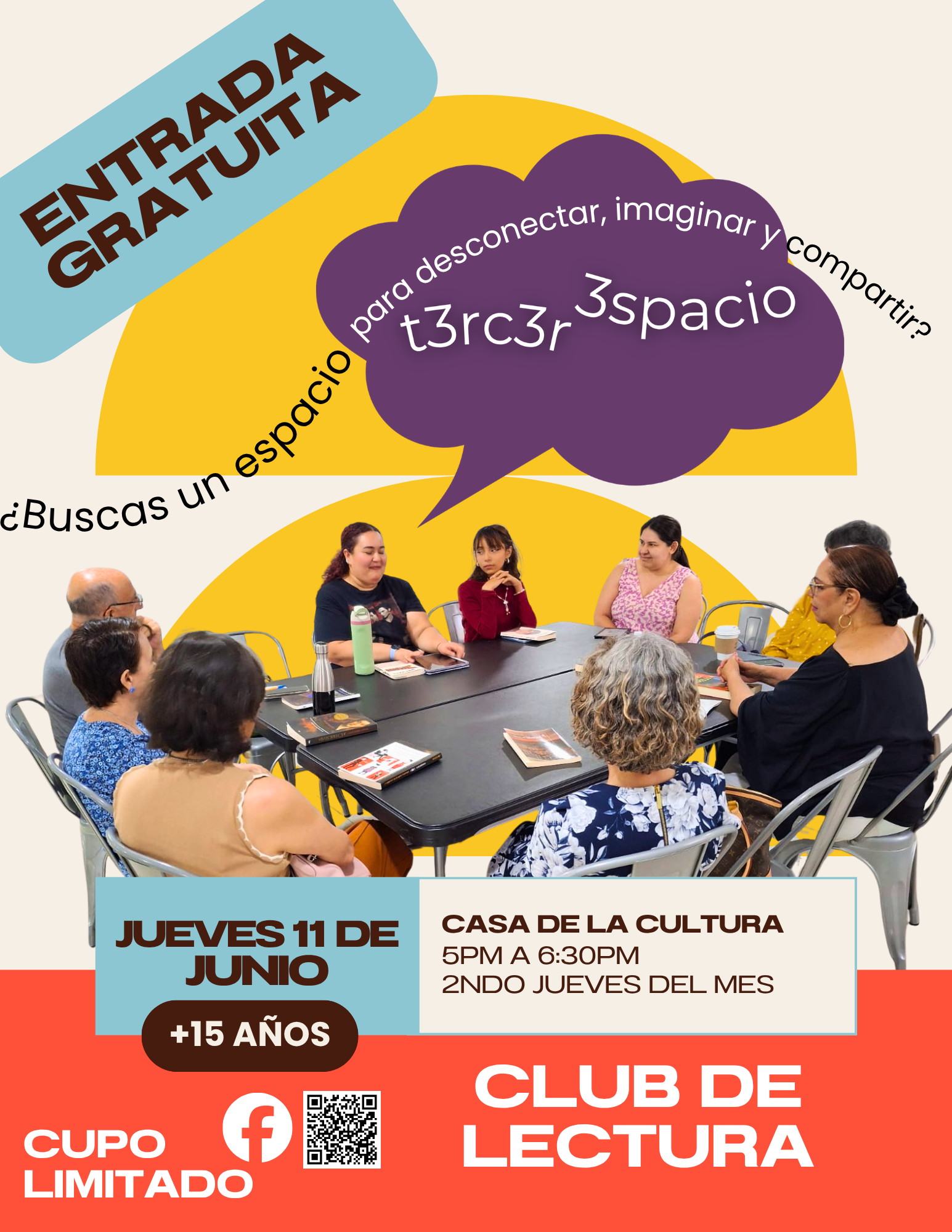 A poster advertising a community reading club event in Spanish, showing a group of people sitting around a table, with details about the event date, time, location, age restriction, and a QR code at the bottom.