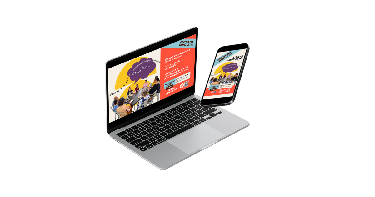 Open laptop and smartphone displaying promotional images for a community event featuring a group of people seated at a table, with text in Spanish advertising free entry and activities for young people aged 15 and older, including a QR code, social media icons, and event details.