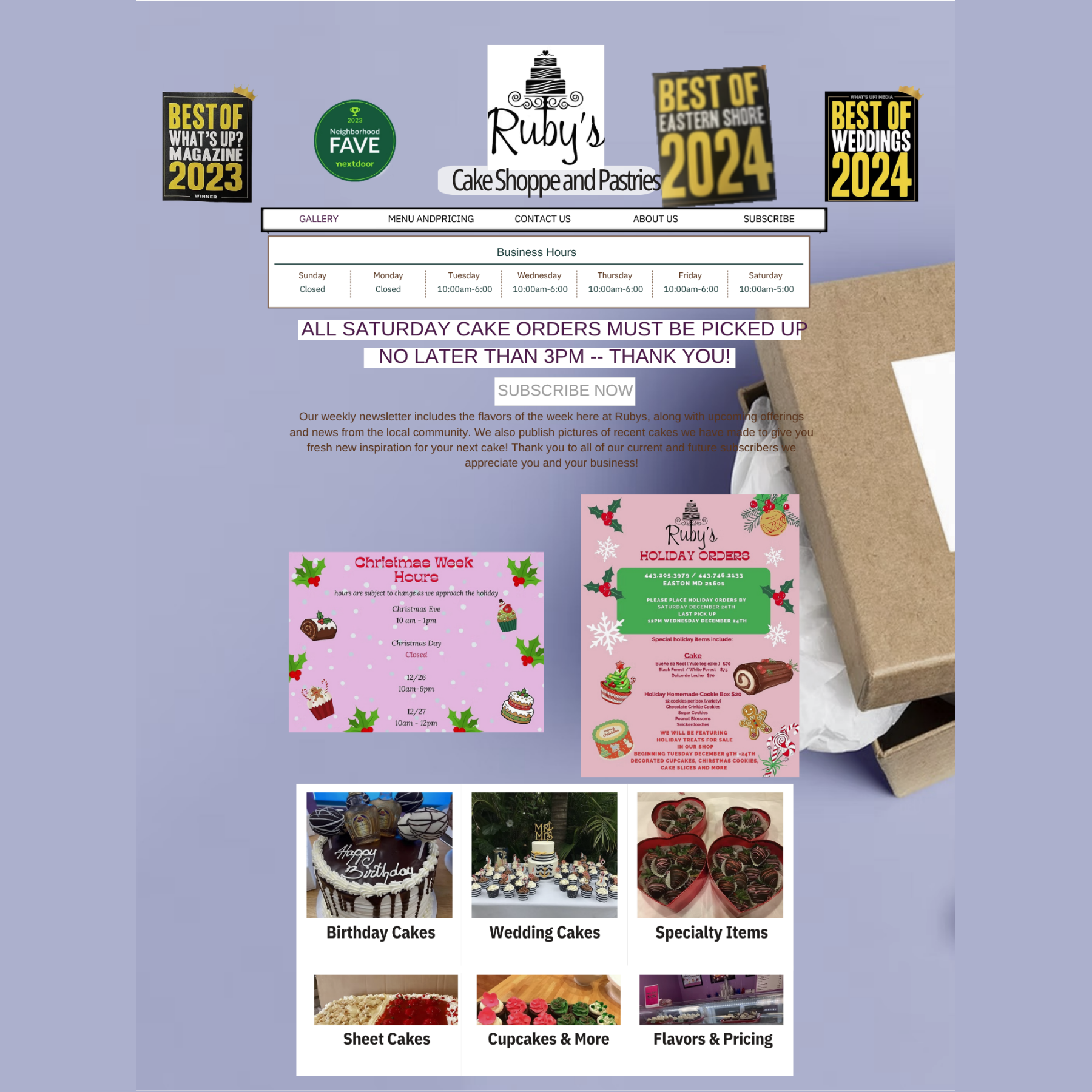 Screenshot of Ruby's Cake Shoppe and Pastries website featuring awards, business hours, holiday orders, and dessert categories including birthday cakes, wedding cakes, specialty items, sheet cakes, cupcakes, flavors, and pricing sections.