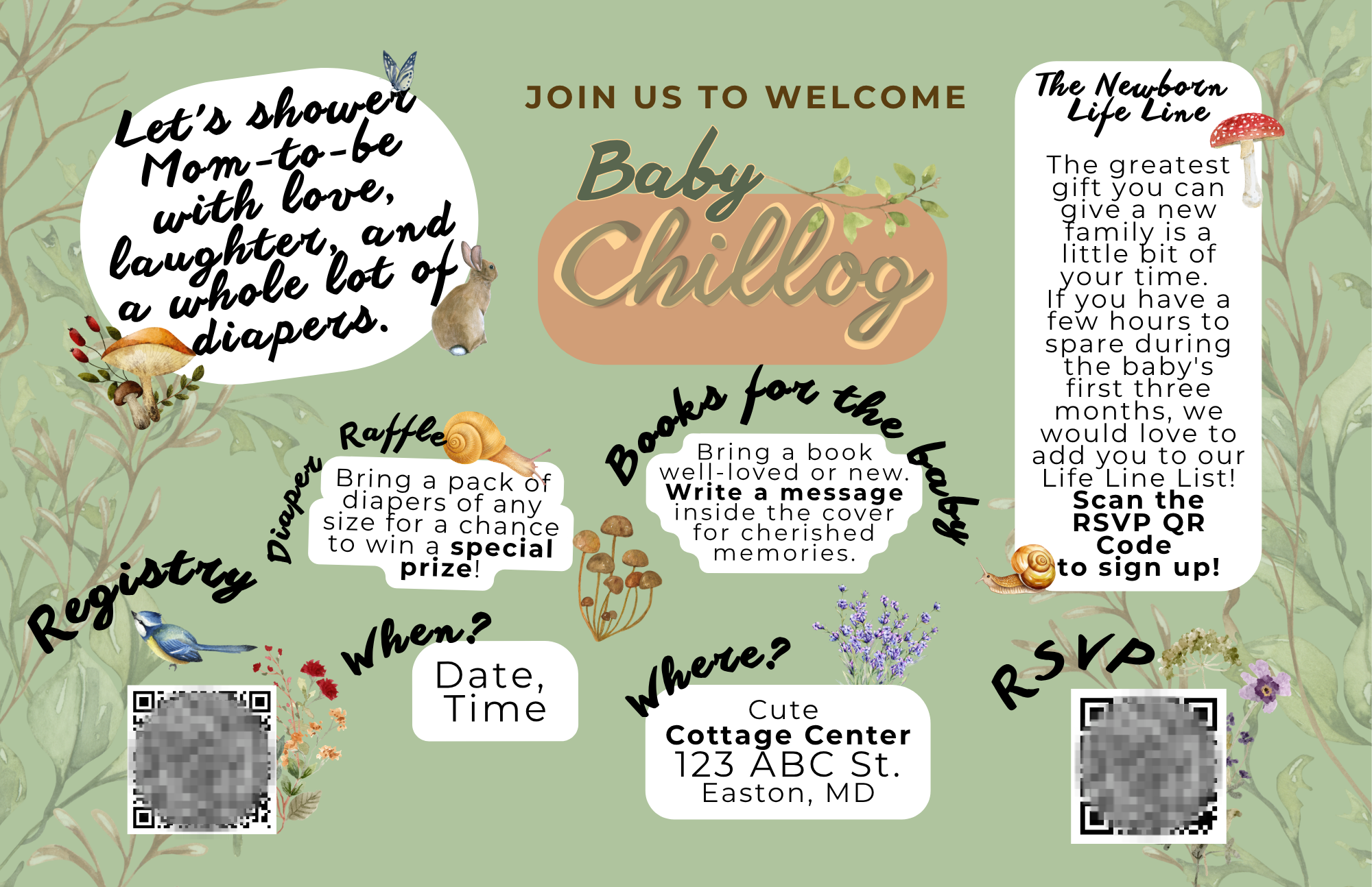 Invitation for a baby shower with floral and woodland animals and fungi background, including text areas for event details, RSVP, and activity descriptions.