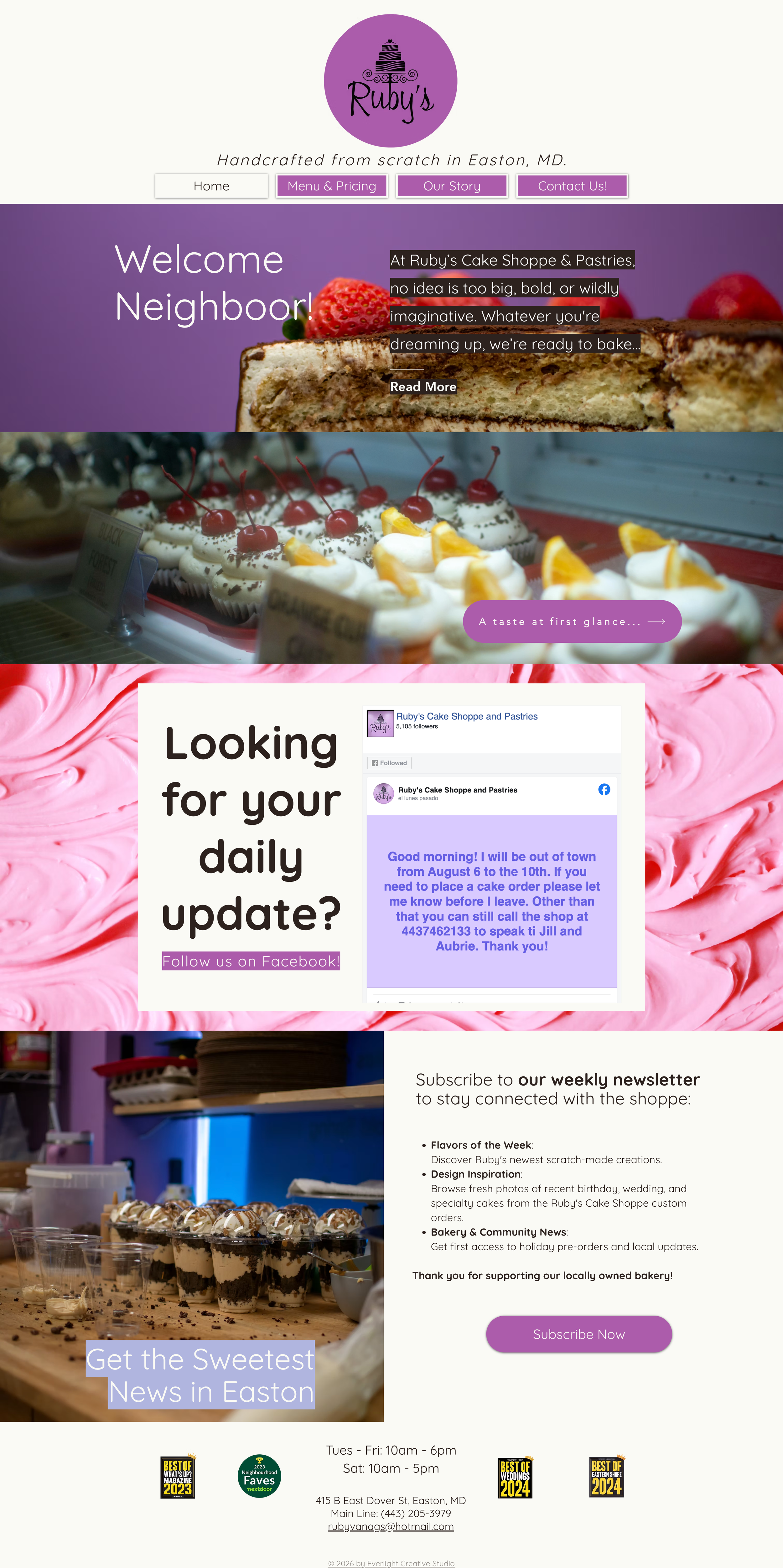 Screenshot of Ruby's Cake Shoppe and Pastries website homepage, featuring images of cakes and desserts, with text about their offerings, updates, and newsletter subscription.