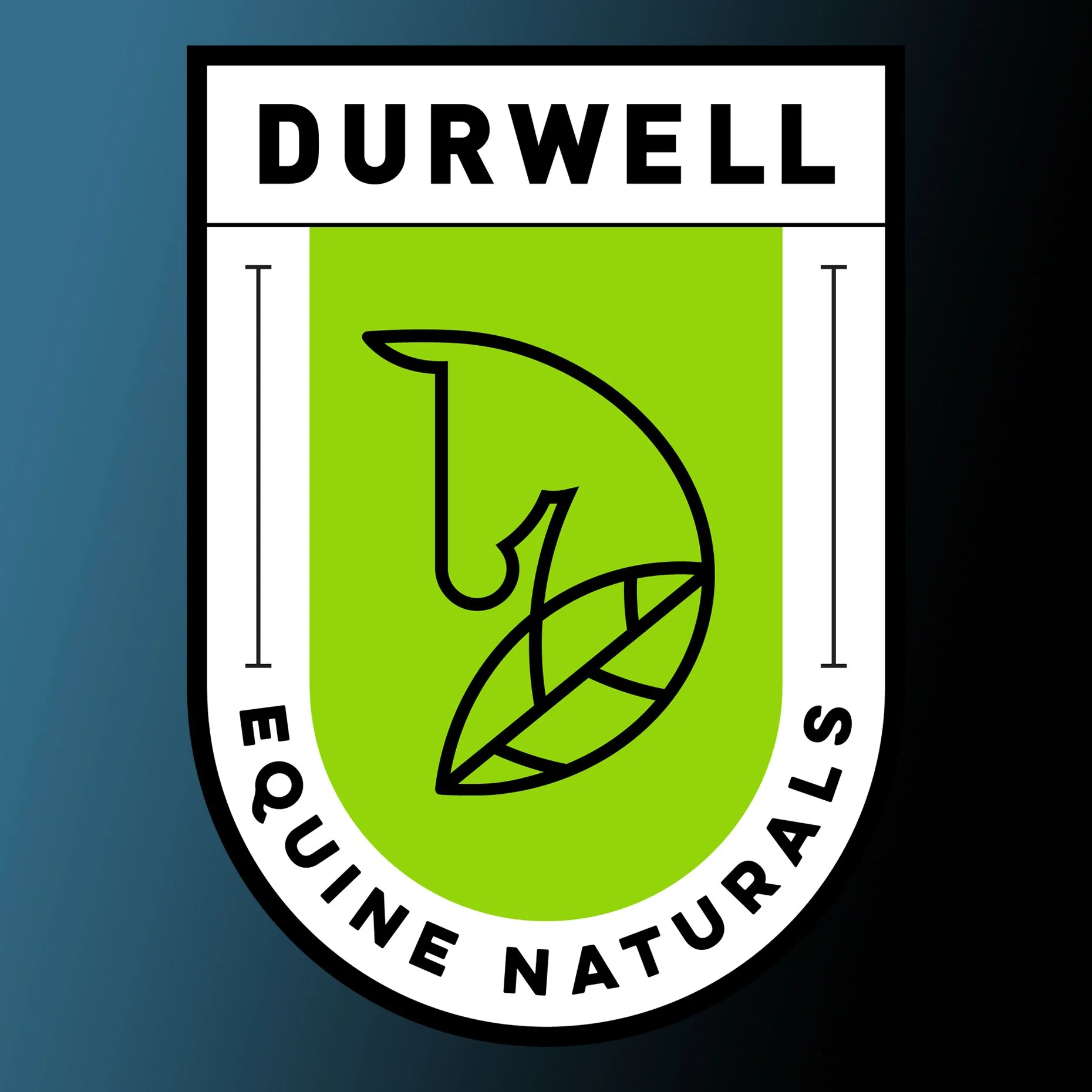 Close-up of a black, white, and green logo for Durwell, featuring a leaf with a curved arrow in the center, and the text 'Durwell' at the top with 'EQUINOX' and 'NATURAL' around the bottom.