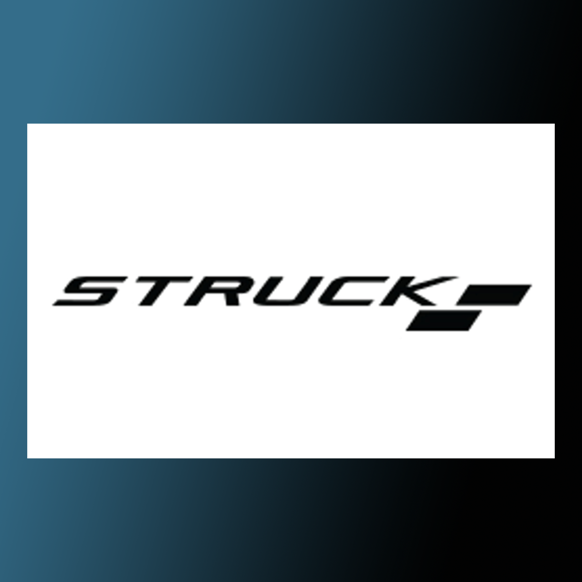 Close-up of a logo with the word 'STRUCK' in black stylized font on a white background, partially visible. The background is a gradient transitioning from teal to black.