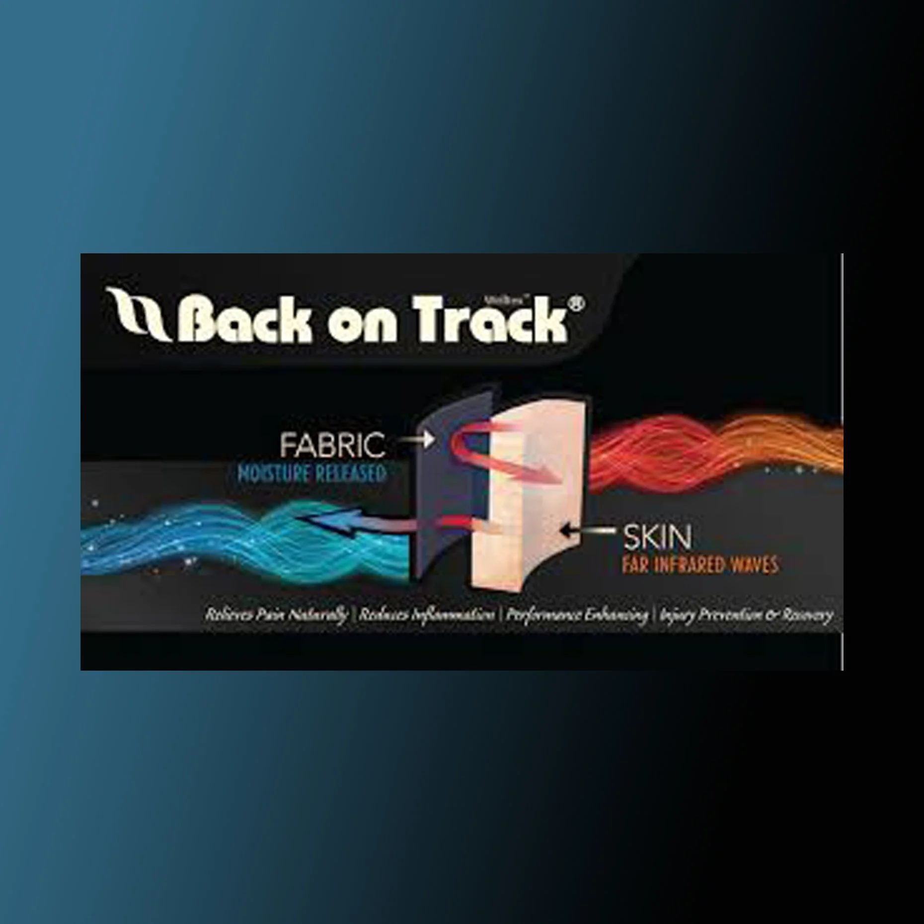 Close-up of packaging for Back on Track horse therapy product, illustrating fabric and skin Infrared wave technology for equine muscle relief.
