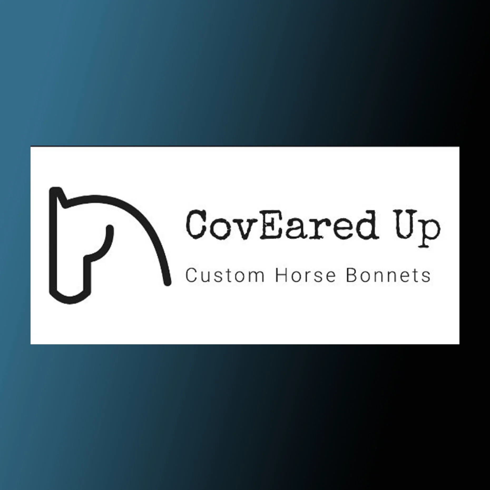 Close-up of a logo and text on a white background, featuring a stylized horse head outline and the words 'Covered Up' and 'Custom Horse Bonnets'.