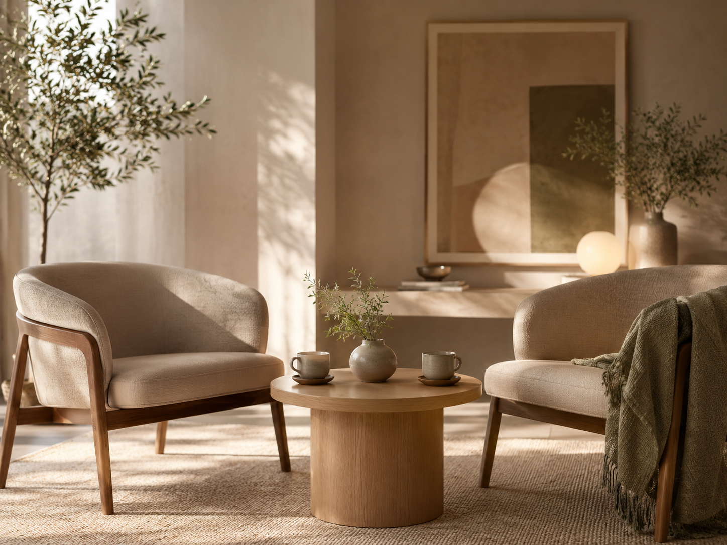 A cozy living room with two beige armchairs, a round wooden coffee table with three cups and a small vase with greenery, a rug, and a soft glowing lamp on a console table. Large potted plants and abstract artwork are in the background, with natural sunlight creating a warm ambiance.