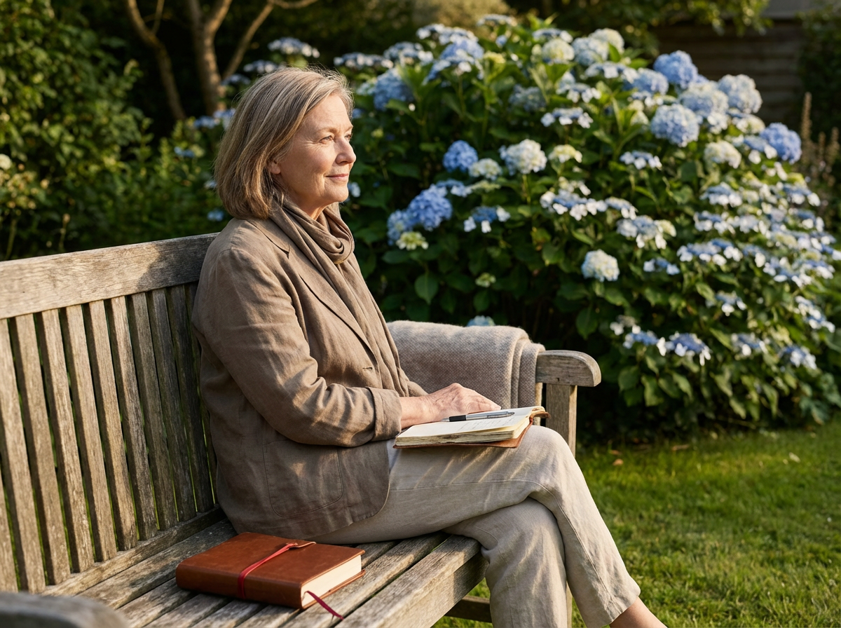 An older woman sitting on a wooden garden bench, holding a notebook and pen, with a brown book on her lap, surrounded by blooming blue and white hydrangea flowers.