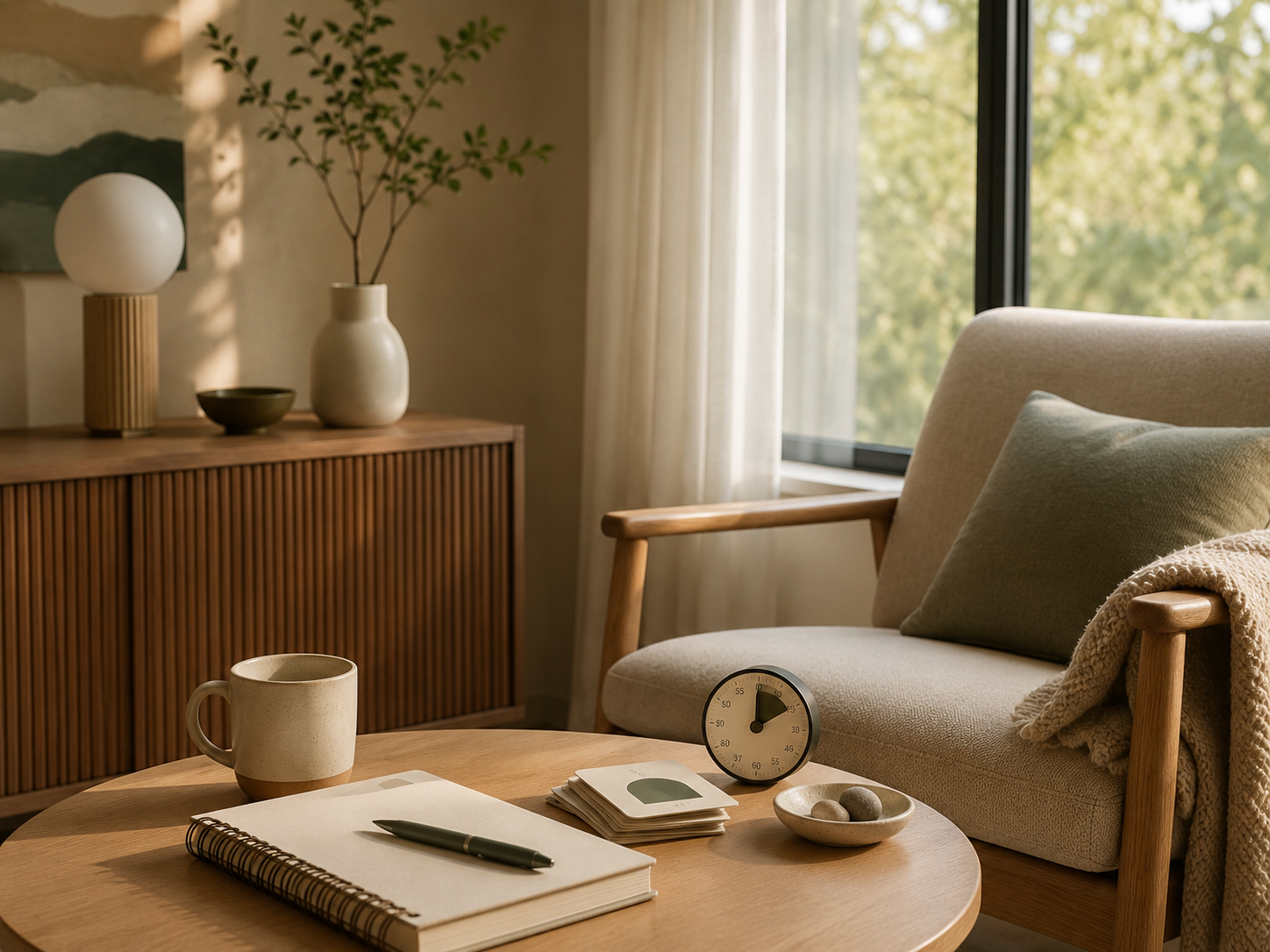 A cozy living room corner with a beige armchair, a wooden sideboard with decorative vases, a window with curtains showing green trees outside, and a wooden coffee table with a notebook, pen, mug, clock, and small decorative stones.