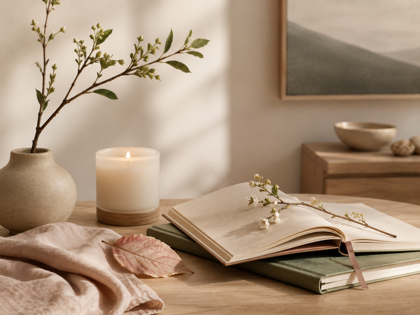 A cozy scene with a beige ceramic vase holding a branch with green leaves, a lit white candle in a glass holder, an open notebook with a branch and white flowers on its pages, a pink fabric and a dried pink leaf on a wooden table, and a blurred background with a wooden dresser and decorative bowls.