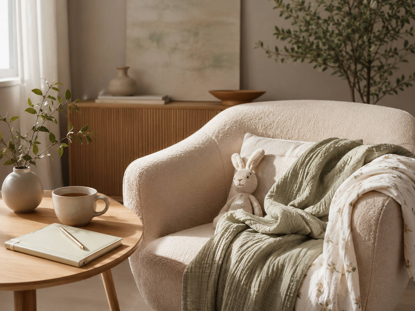 Cozy living room corner with a cream-colored sofa, a white bunny plush toy, beige and floral blankets, a small wooden side table with a cup of coffee, a notebook, a pencil, a vase with green leafy branches, and a wooden cabinet in the background with decorative items and artwork.