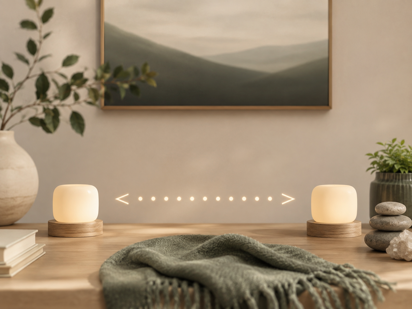 Decorative desk setup with two illuminated white lamps on wooden bases, a green blanket, potted plants, stones, and a framed landscape painting on a light-colored wall.