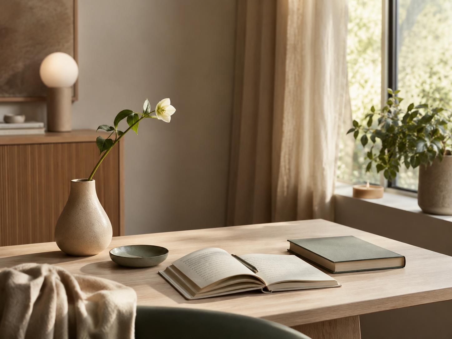 A wooden desk with a white flower in a beige vase, an open notebook with a black pen, a closed book, and a beige blanket. In the background, there's a window with beige curtains, a potted plant, and a candle on the windowsill.