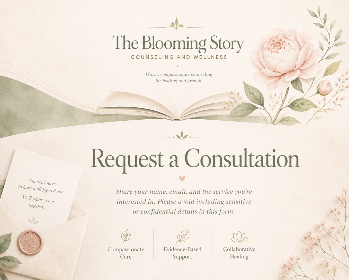 A soft, pastel-colored web page for The Blooming Story Counseling and Wellness with an open book, pink peony flowers, and a call to action to request a consultation for compassionate, evidence-based, and collaborative mental health care.