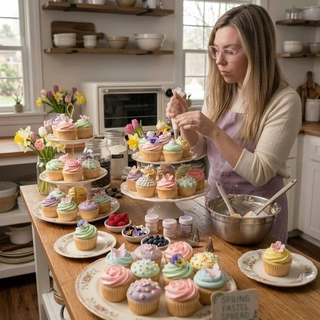 A woman with glasses and a lavender apron decorating pastel-colored cupcakes with sprinkles and flowers in a kitchen. The countertop is filled with cupcakes, berries, flowers, and baking supplies.