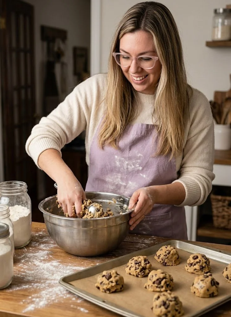 A woman happily baking chocolate chip cookies in a kitchen. She is mixing dough in a metal bowl with cookie dough balls on a baking sheet ready to be baked.