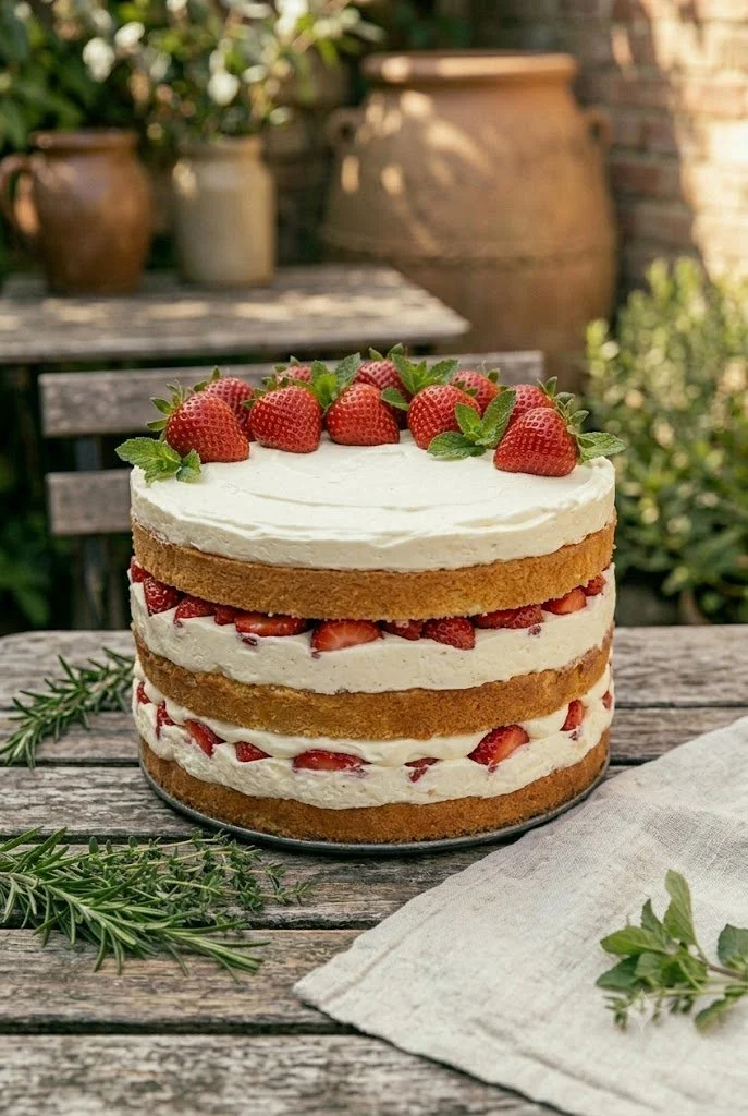 A four-layered strawberry shortcake with white cream, fresh strawberries, and mint leaves on top, placed on a rustic wooden table outdoors with potted plants in the background.