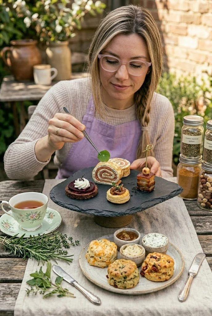 A woman with glasses and a braid wearing a purple apron, sitting outdoors at a wooden table, is about to serve herself dessert. The table is set with a slate platter with assorted desserts including rolled cake, mini tarts, and small chocolate squares. There is a teacup with tea, small bowls with dips or sauces, a bunch of fresh herbs, and jars of spices on the table.