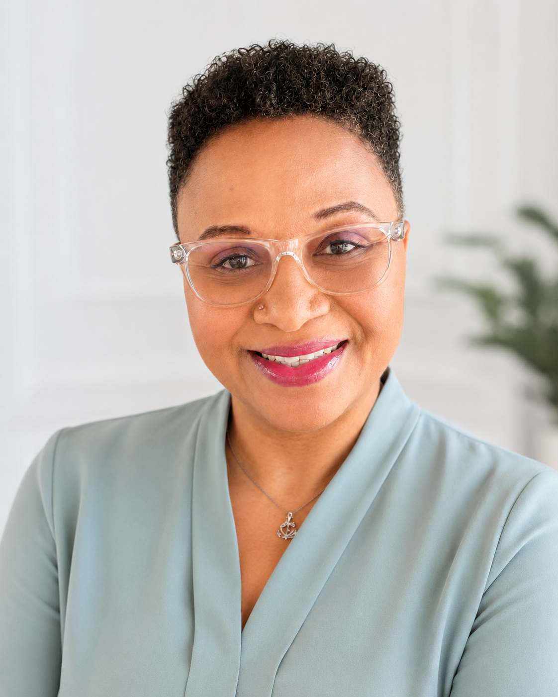 A smiling woman with short curly hair, wearing clear glasses, a light blue blouse, a silver necklace with an anchor pendant, and lipstick, in an indoor setting with a blurred background.