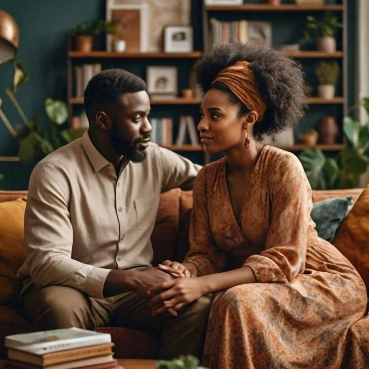 A couple sitting closely on a sofa, holding hands and gazing into each other's eyes in a warmly decorated living room.