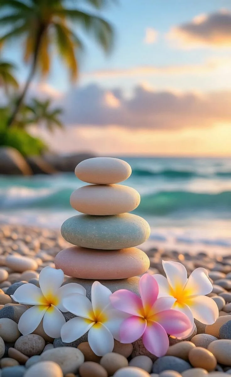 Stacked smooth stones on a pebble beach with tropical flowers in the foreground, ocean waves, palm trees, and a sunset sky in the background.