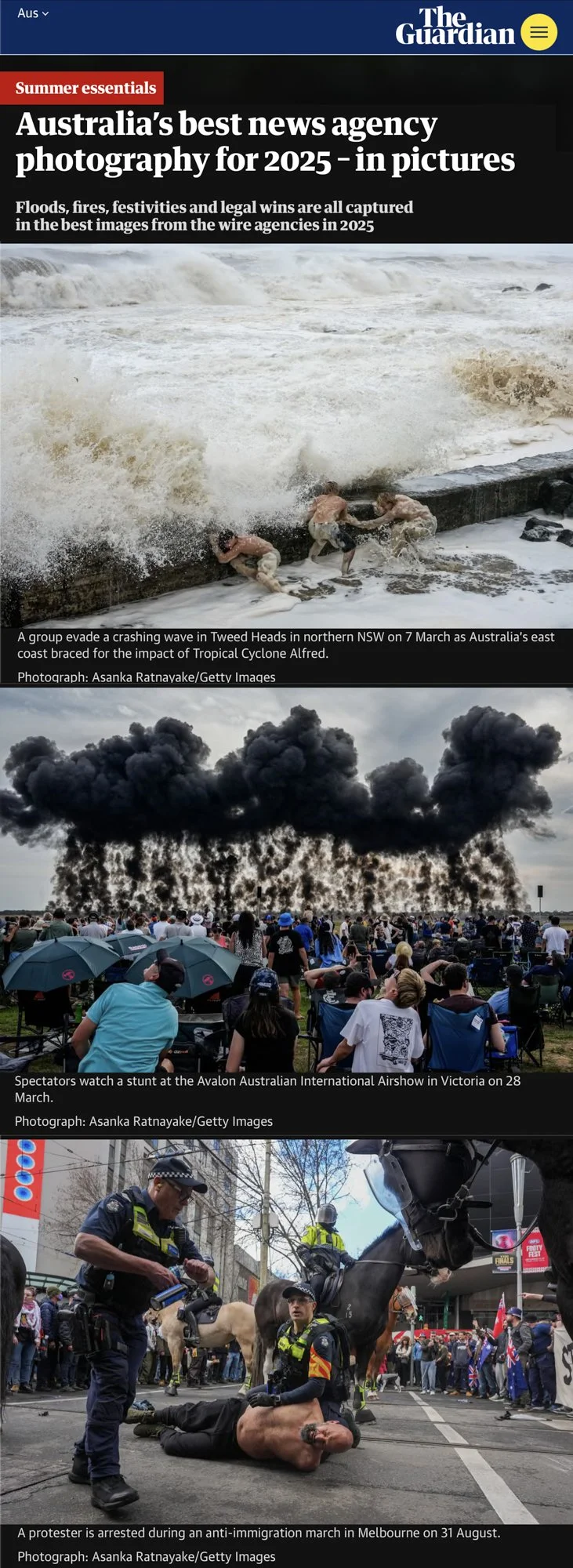 The Guardian online gallery of the best agency news photography of 2025, featuring photographs by Asanka Brendon Ratnayake.