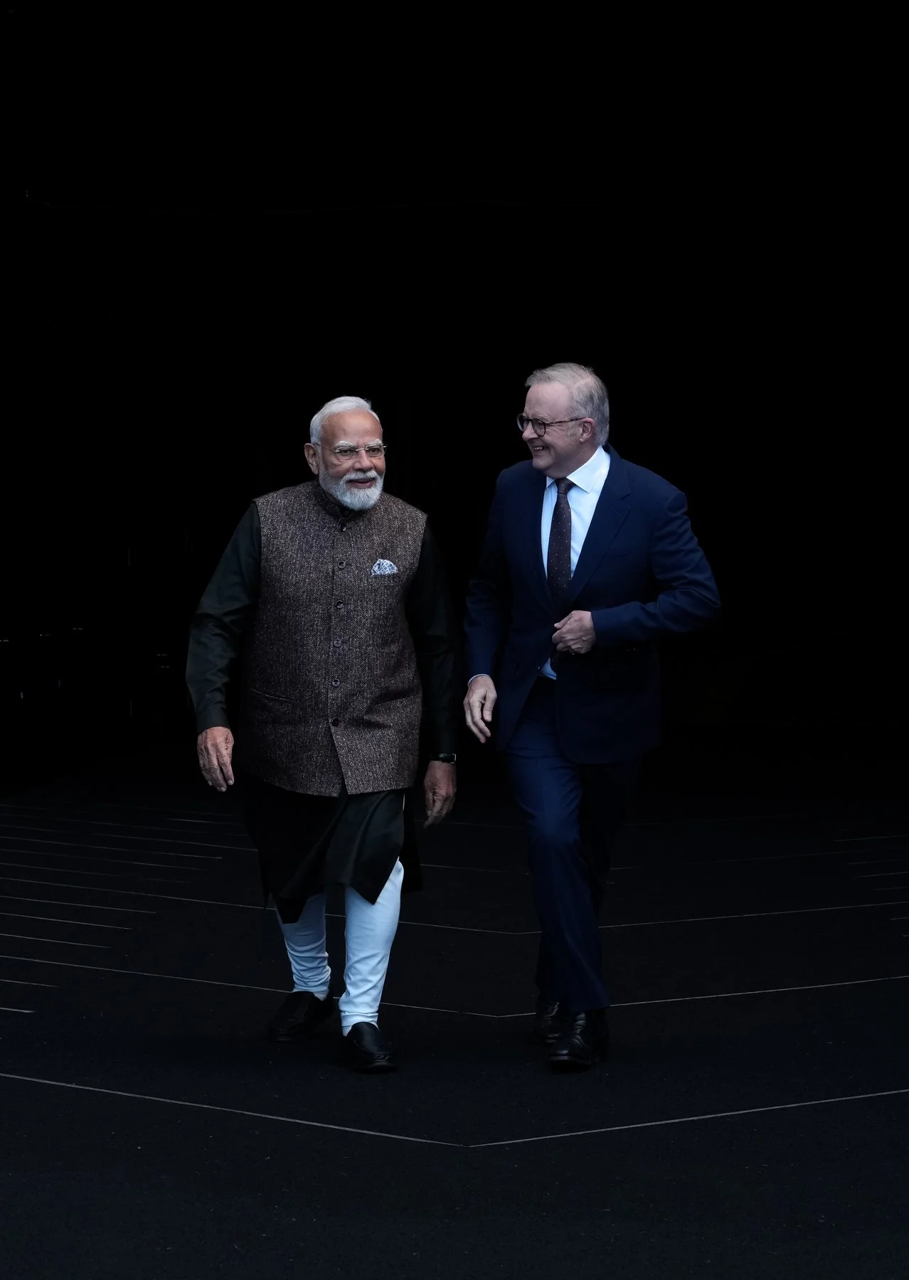 Narendra Modi and Anthony Albanese walk up the MCG players race during Modi’s visit to Melbourne.