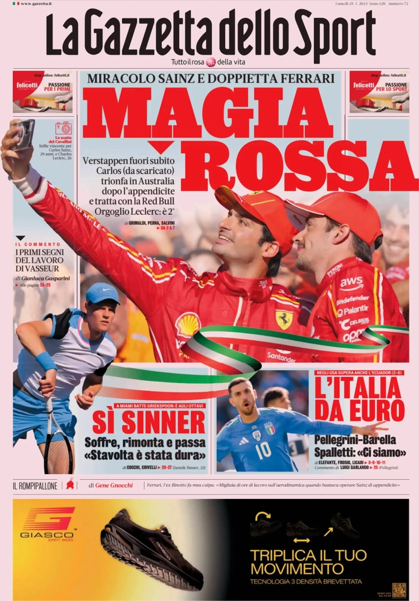 La Gazzetta dello Sport front-page clipping from Formula One coverage, featuring photography by Asanka Brendon Ratnayake.