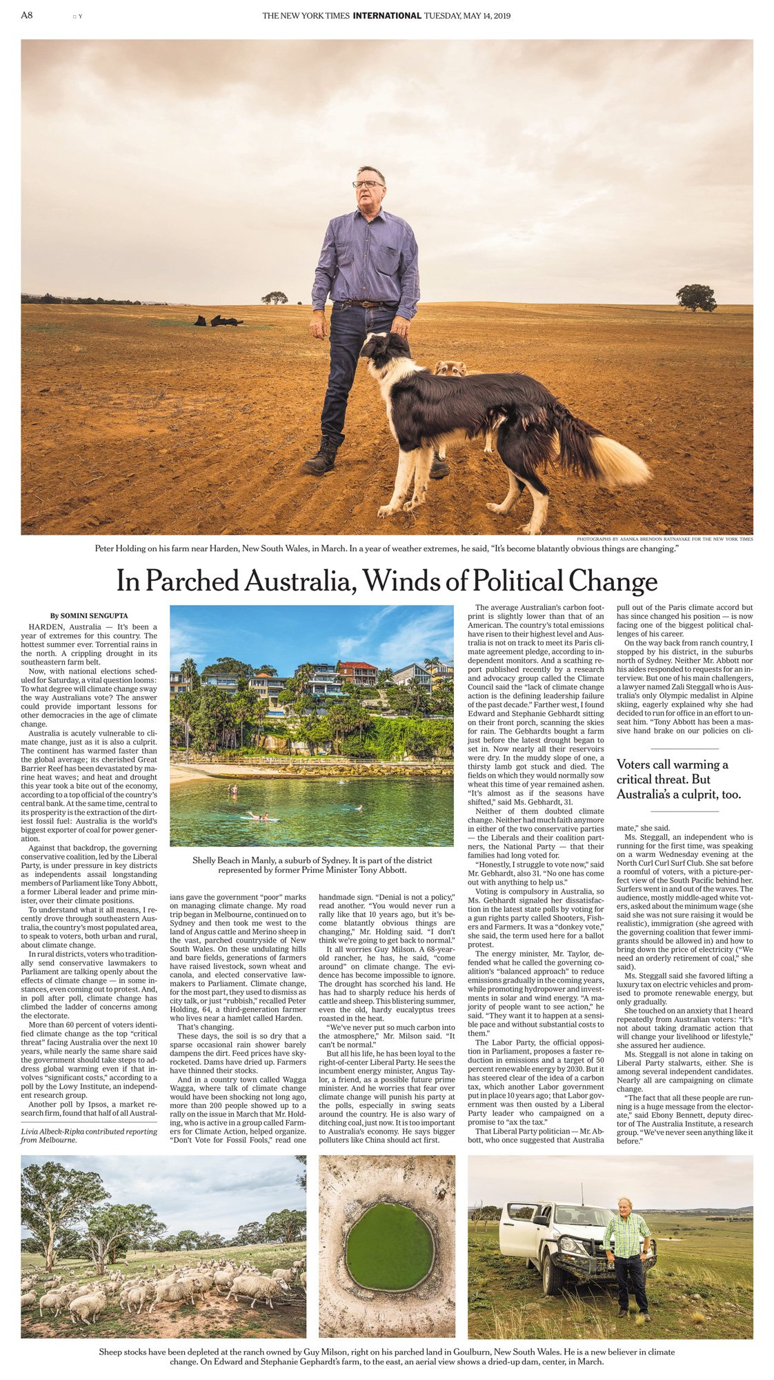 New York Times International tear sheet for “In Parched Australia, Winds of Political Change,” featuring photography by Asanka Brendon Ratnayake.