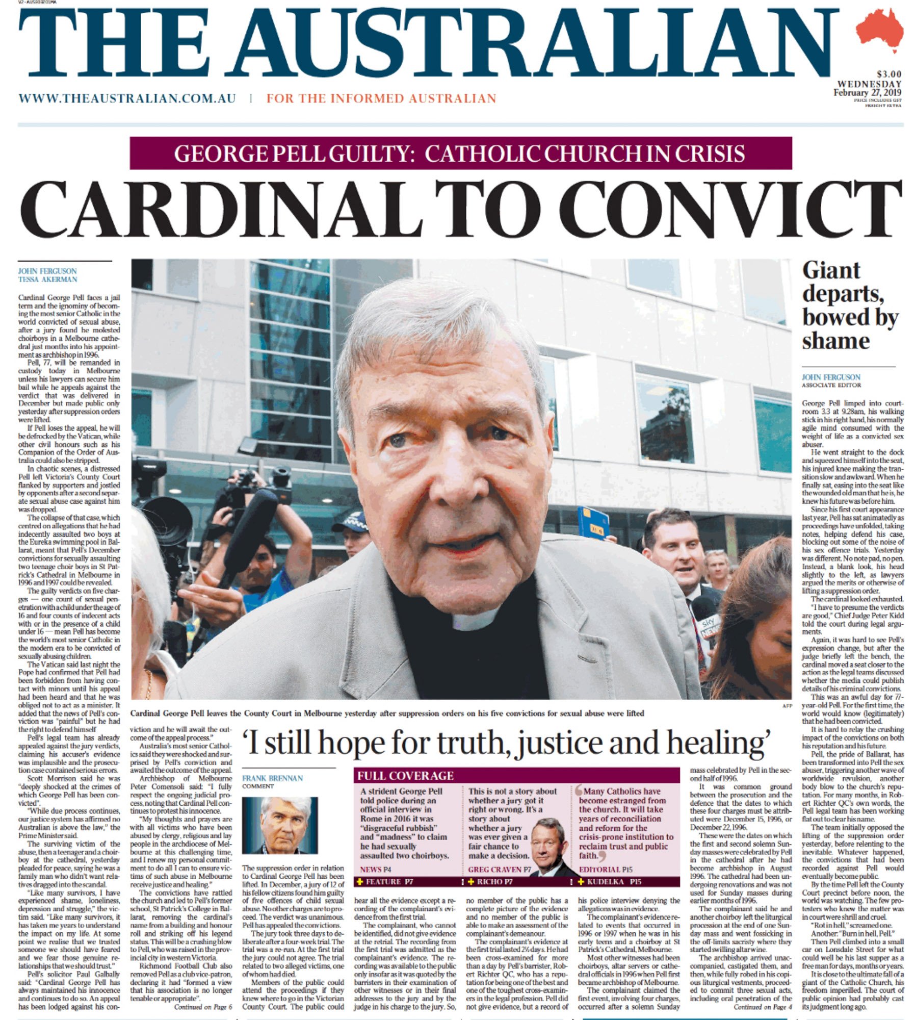 Front page of The Australian newspaper featuring a photo of Cardinal George Pell surrounded by reporters and photographers outside a courthouse, with headlines about his trial and conviction.