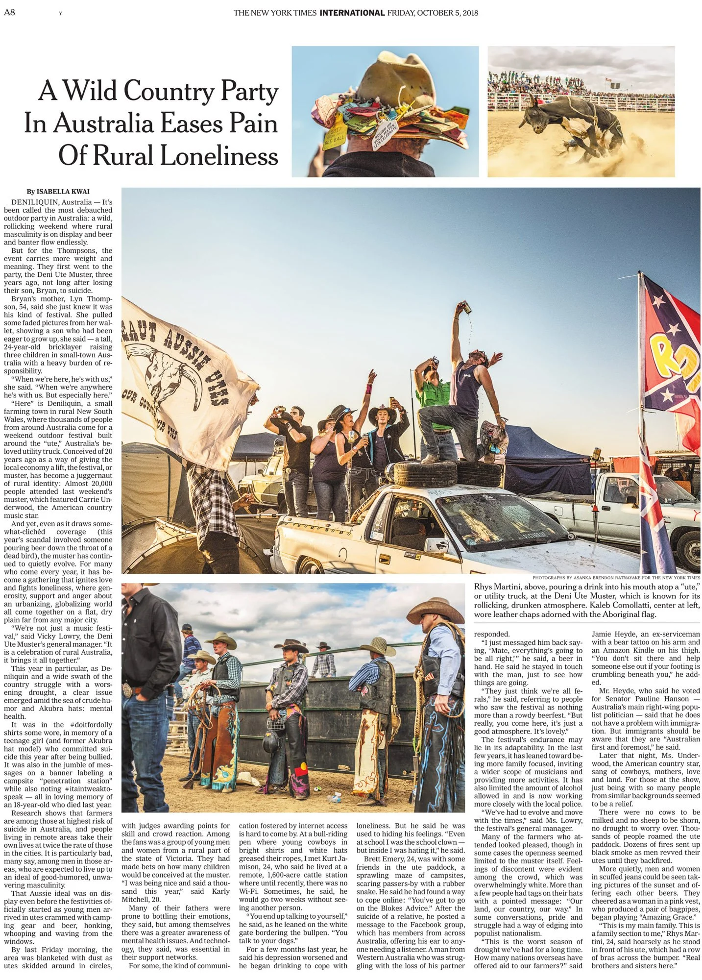 New York Times tear sheet about the Deni Ute Muster and rural loneliness, featuring photography by Asanka Brendon Ratnayake.