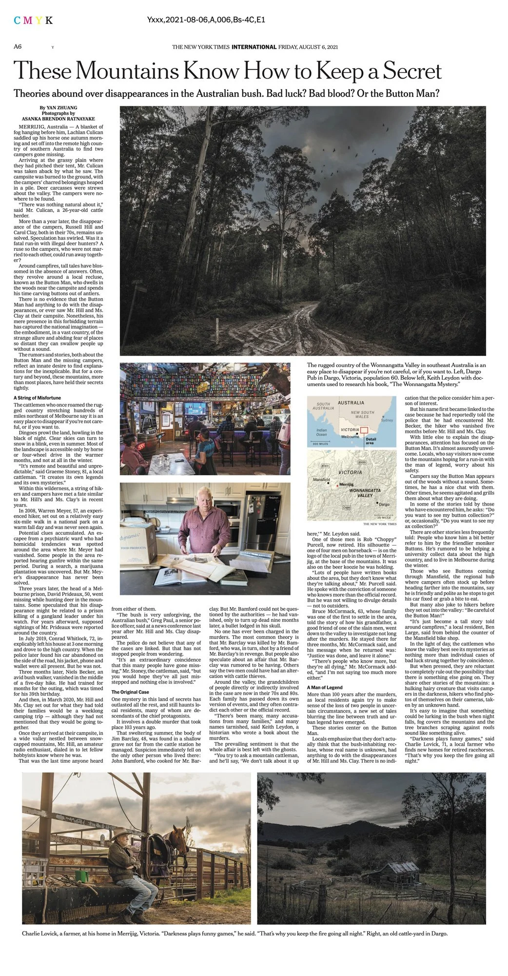 New York Times International inside-page tear sheet for “These Mountains Know How to Keep a Secret,” featuring photography by Asanka Brendon Ratnayake.